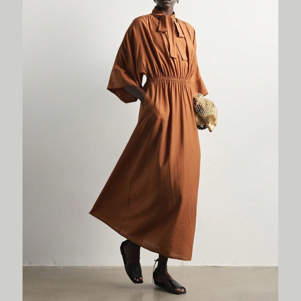 Rust Brown Tie Neck Elastic Waist Kimono Sleeve Maxi Dress